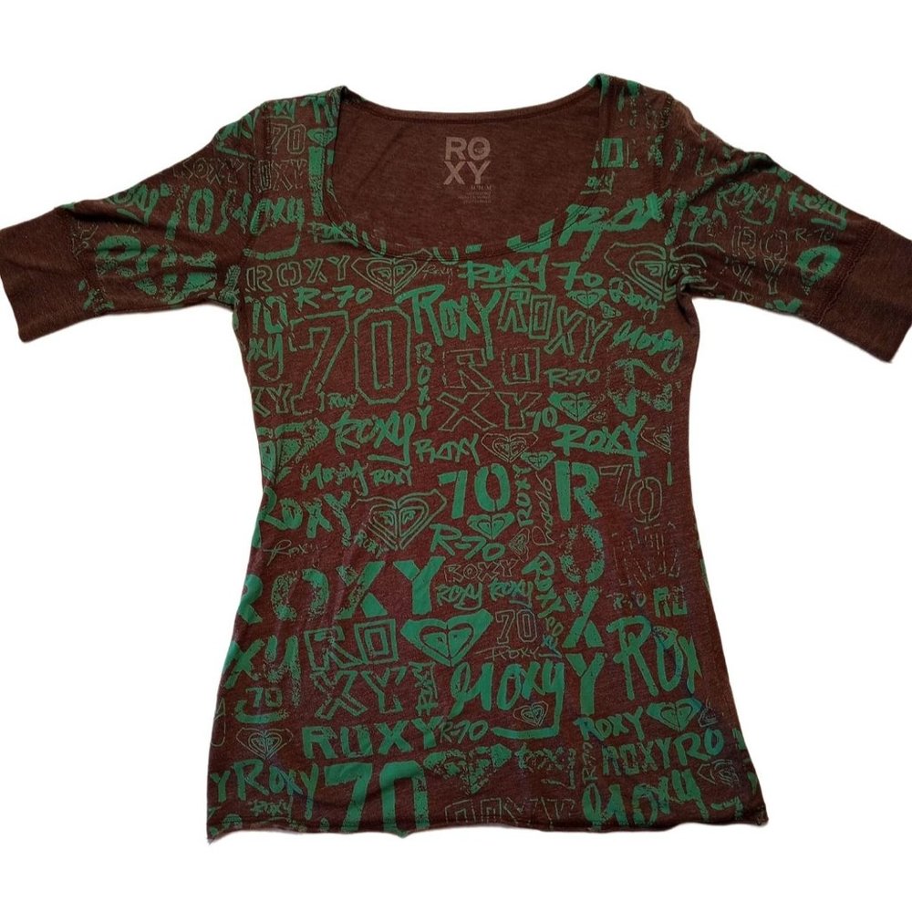 ROXY Teal/Gray Scoop Neck 3/4 Sleeve Logo Top MEDIUM